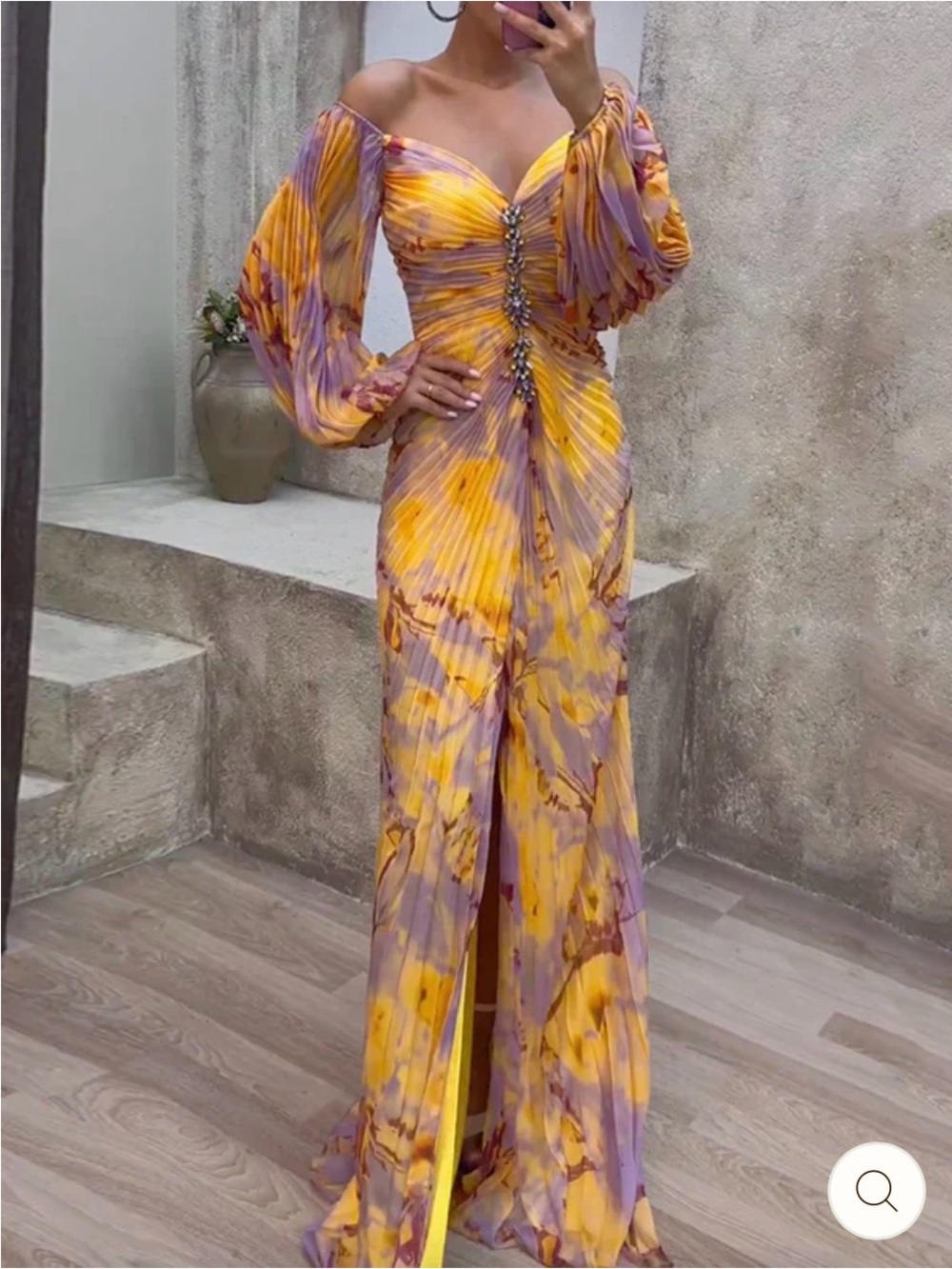 Yellow & Lavender Off-Shoulder Pleated Evening Gown NWOT